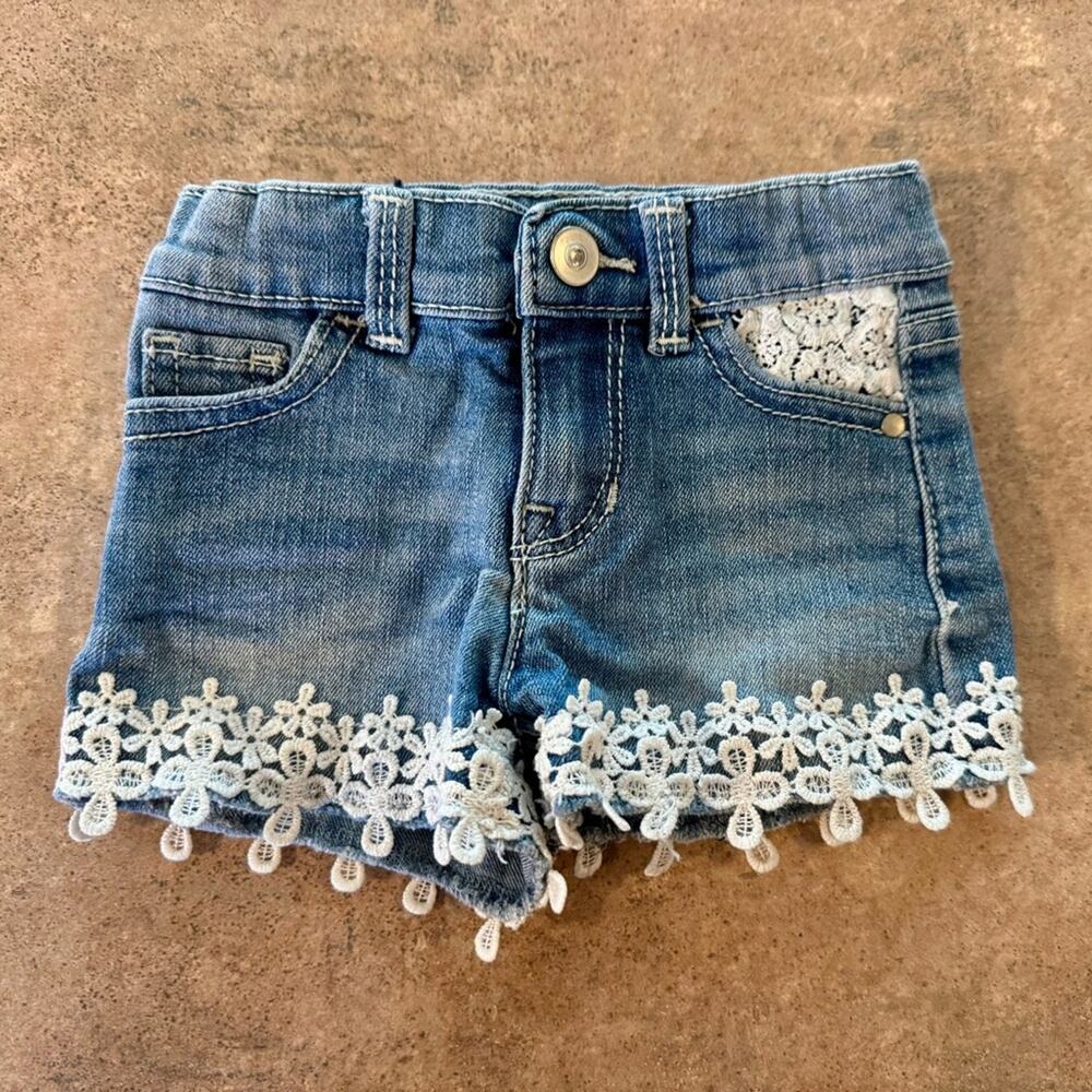 wonder nation Denim Blue Girls Shorts with White Lace Trim